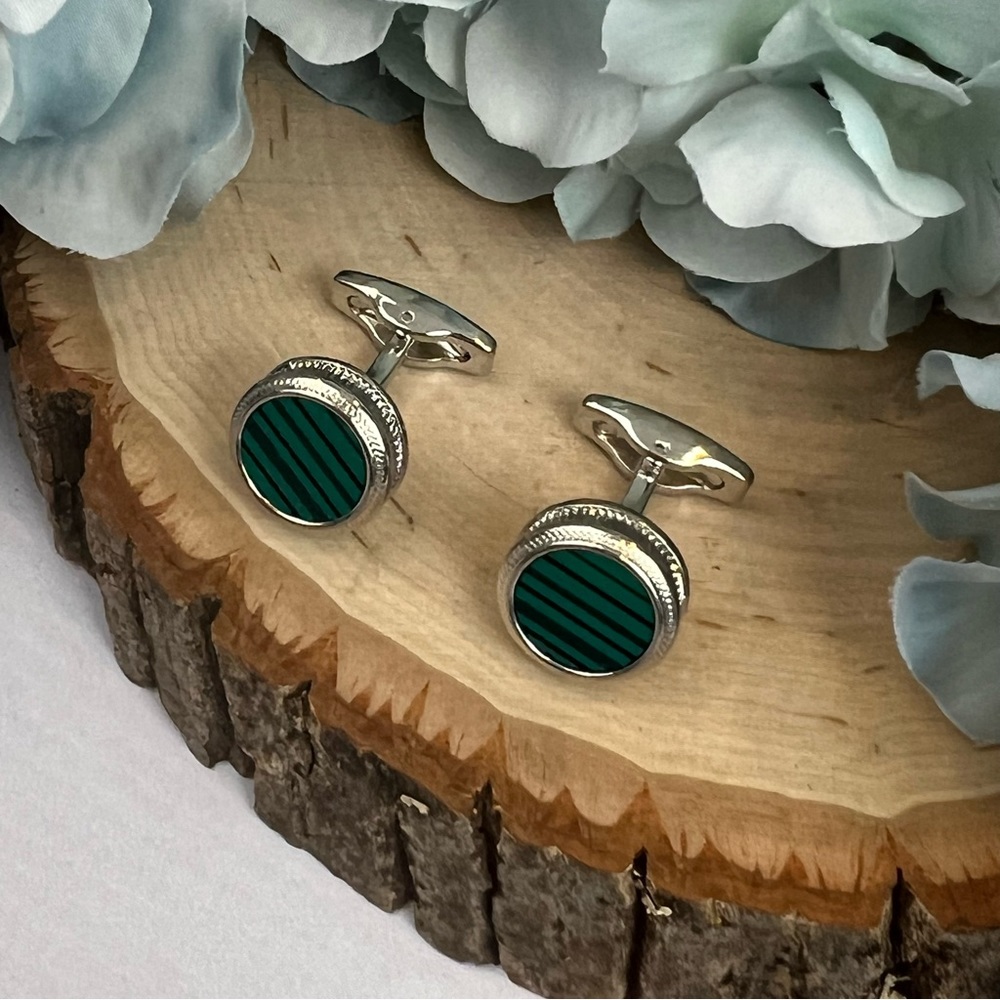 Stunning Green Malachite Round Silver Cufflinks - Picture 7 of 16